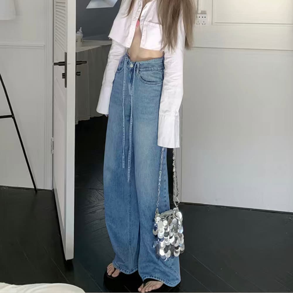 レディース ジーンズ ウォッシュドデニム ストレートパンツ 韓国風