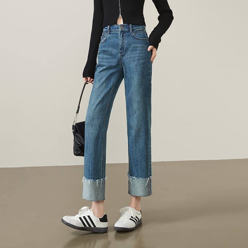 レディースジーンズパンツ 裾折り返しストレートデニムパンツ