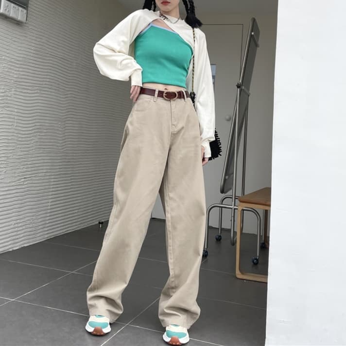 レディースジーンズパンツ ハイウエストゆったりストレートデニムパンツ