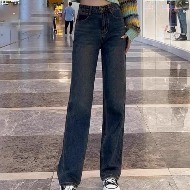 レディースジーンズパンツ ハイウエストストレートデニムパンツ