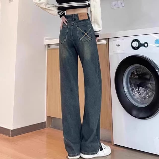 レディースジーンズパンツ ハイウエストストレートデニムパンツ