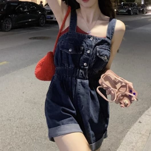 レディースジーンズパンツ ふんわりシルエットデニムサロペット
