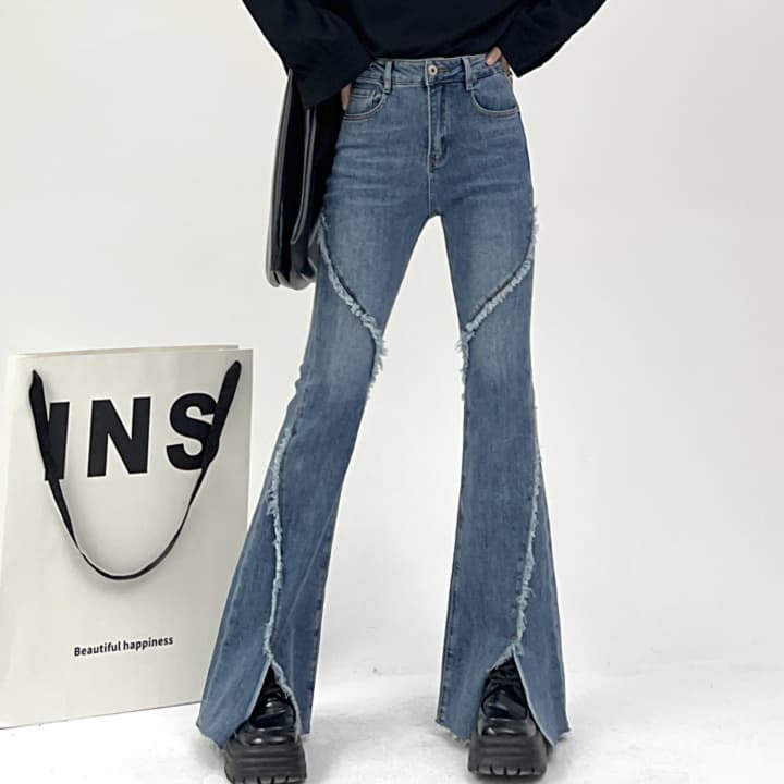 レディースジーンズパンツ クラッシュ加工フレアデニムパンツ