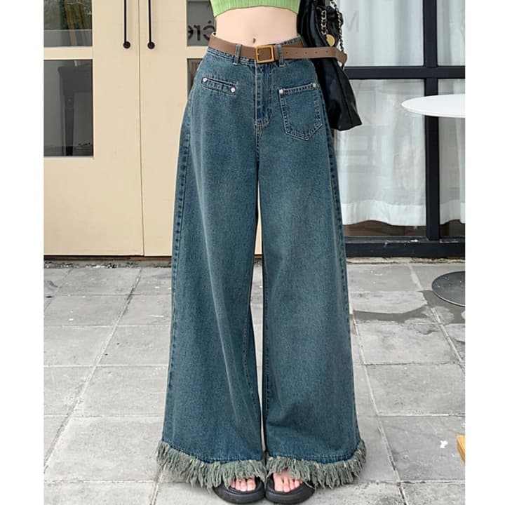 レディースジーンズパンツ フリンジ裾デザインワイドデニムパンツ