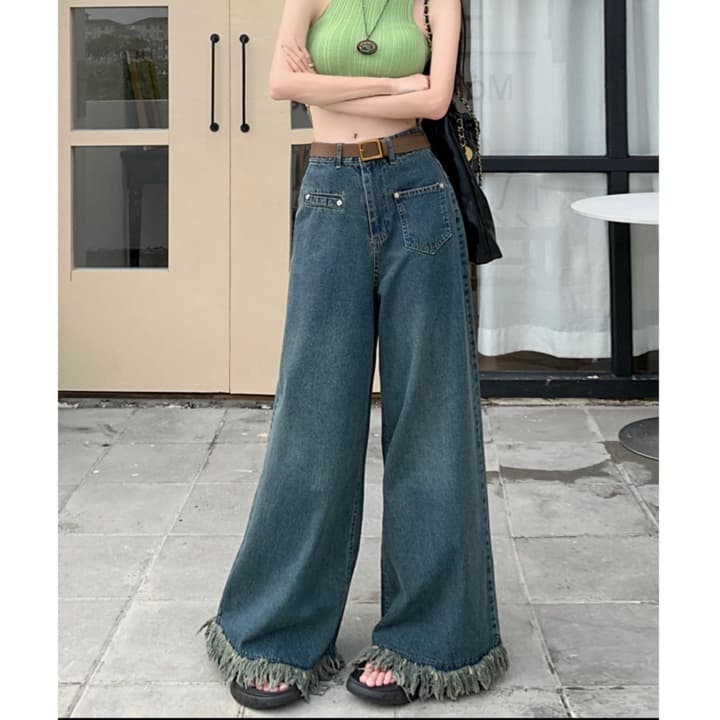 レディースジーンズパンツ フリンジ裾デザインワイドデニムパンツ
