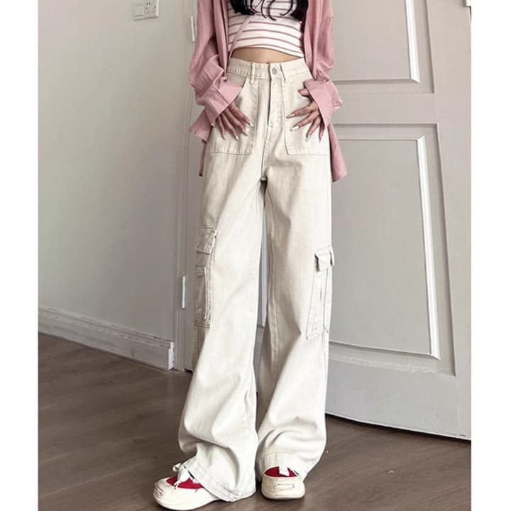 レディースジーンズパンツ カジュアルカーゴワイドデニムパンツ