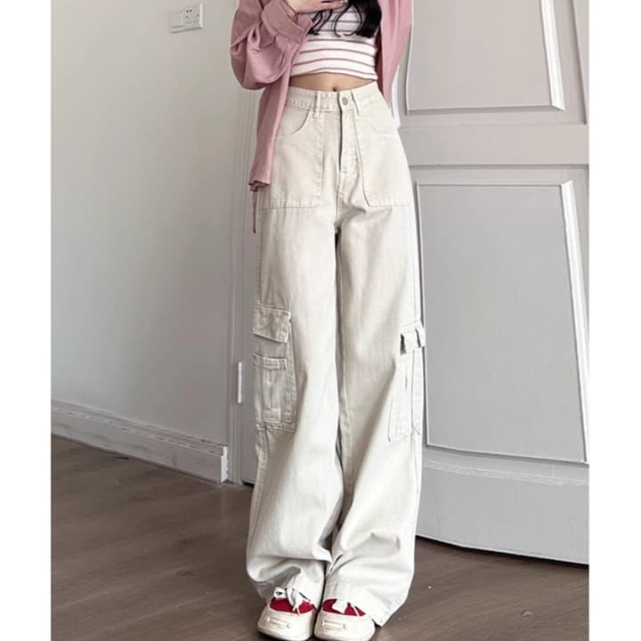 レディースジーンズパンツ カジュアルカーゴワイドデニムパンツ
