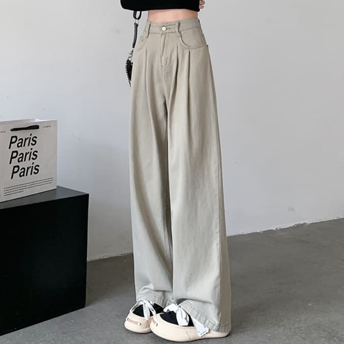 レディースジーンズパンツ タック入りハイウエストワイドデニム