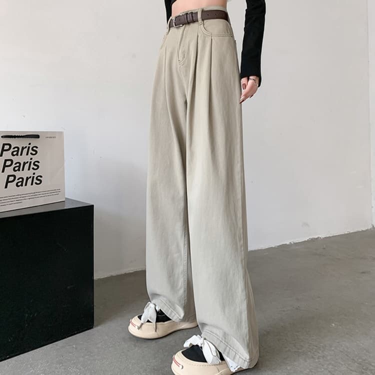 レディースジーンズパンツ タック入りハイウエストワイドデニム
