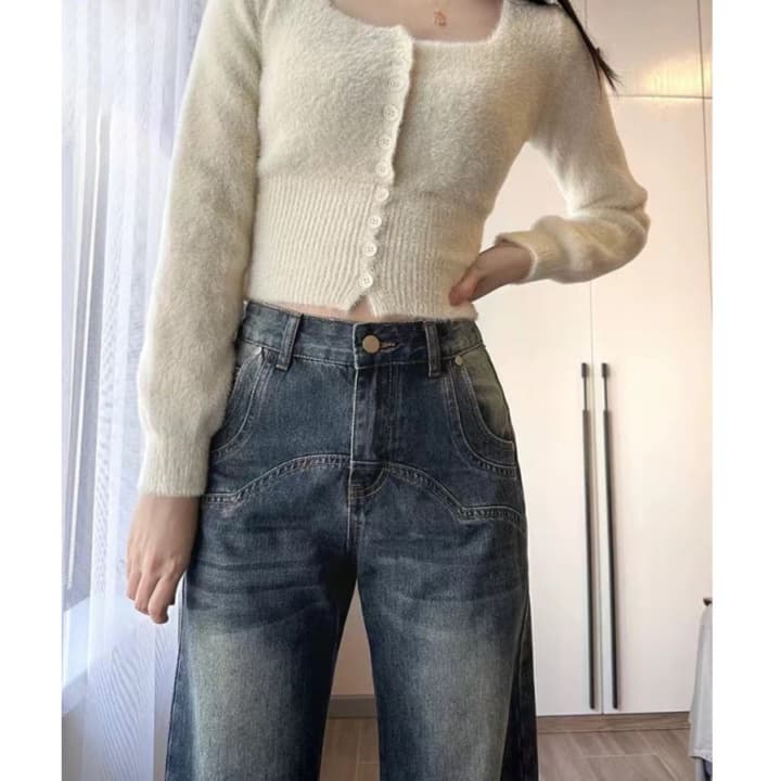 レディースジーンズパンツ ゆったりフレアロングデニムパンツ