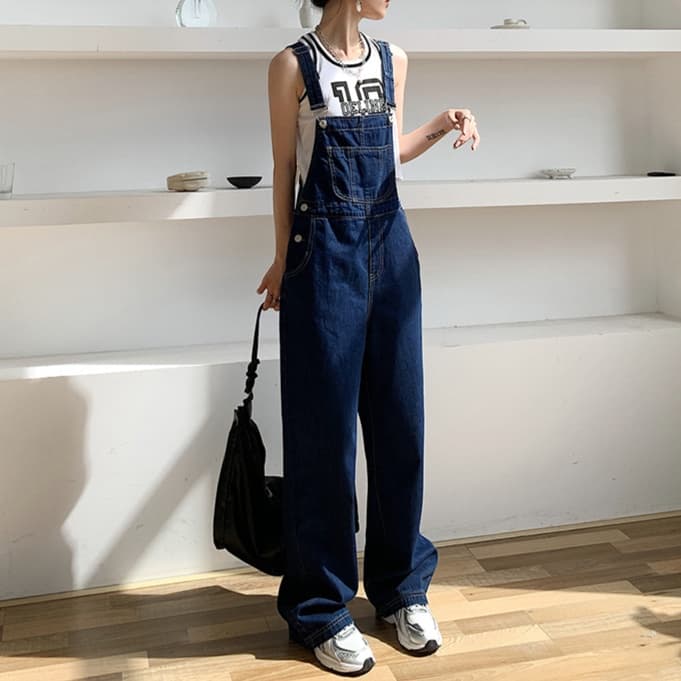 レディースジーンズパンツ ゆったりシルエットデニムサロペット
