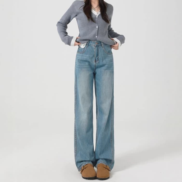 レディースジーンズパンツ クラシカルゆったりストレートデニムパンツ