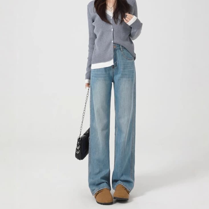 レディースジーンズパンツ クラシカルゆったりストレートデニムパンツ