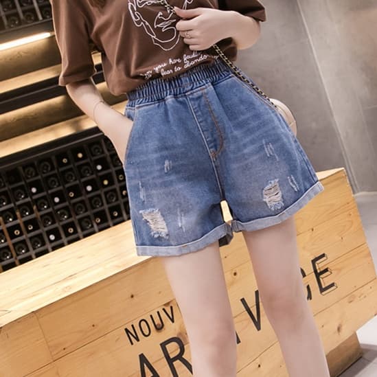 レディースジーンズパンツ ダメージ加工 ゆったりフィット ショートパンツ