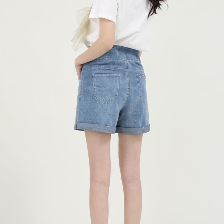 レディース ジーンズ ハイウエスト折り返しショートパンツ