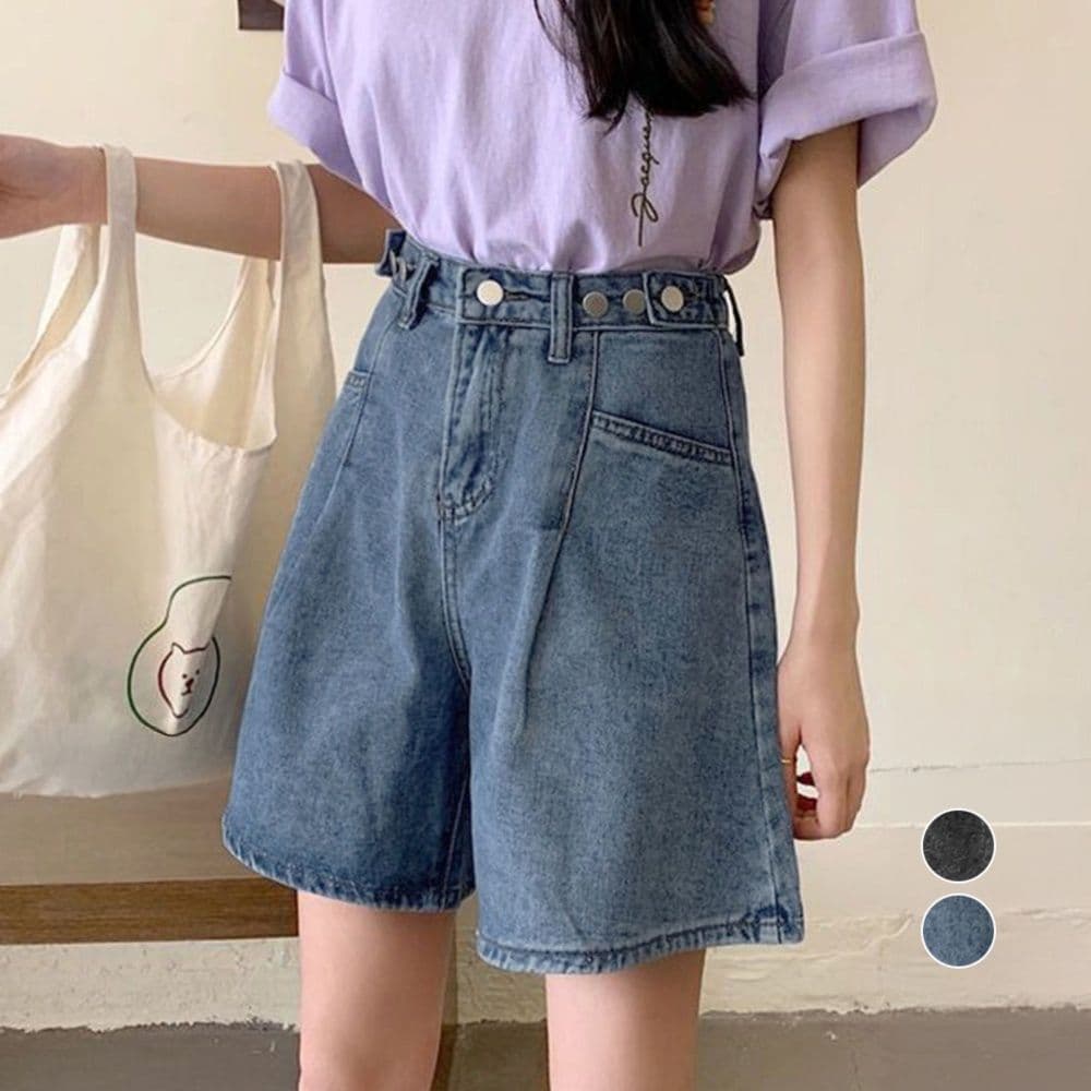 レディース ジーンズ ハイウエスト美脚デニムショートパンツ サイズ調節可能
