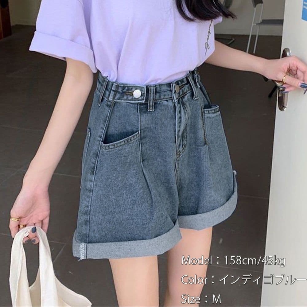 レディース ジーンズ ハイウエスト美脚デニムショートパンツ サイズ調節可能