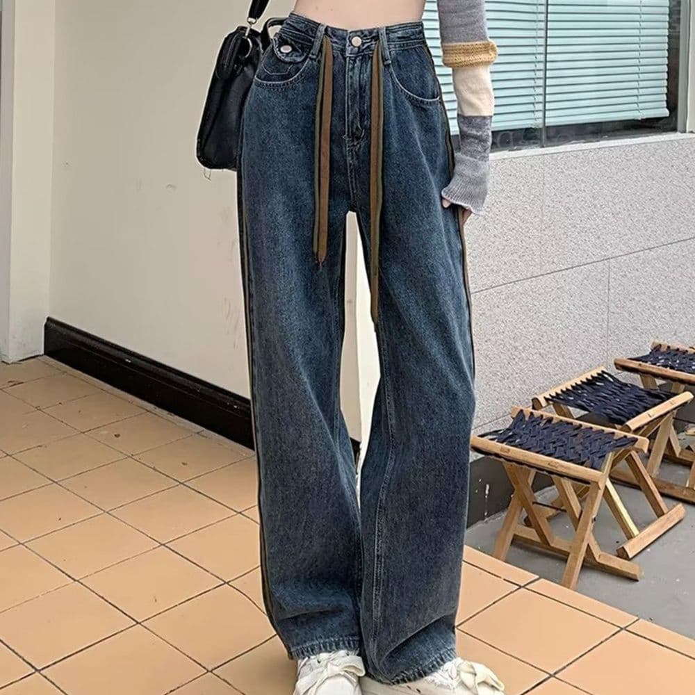 レディース ジーンズ ハイウエスト ストレートデニム サイドライン美脚パンツ