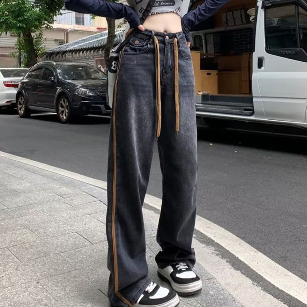 レディース ジーンズ ハイウエスト ストレートデニム サイドライン美脚パンツ