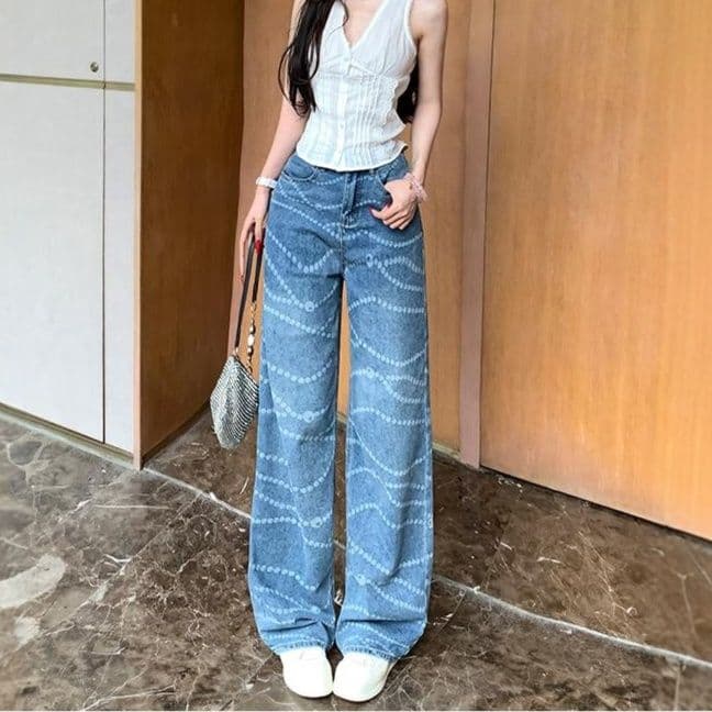 レディース ジーンズ 総柄刺繍デザイン美脚ワイドデニムパンツ