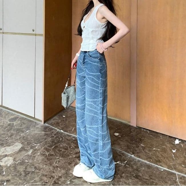 レディース ジーンズ 総柄刺繍デザイン美脚ワイドデニムパンツ