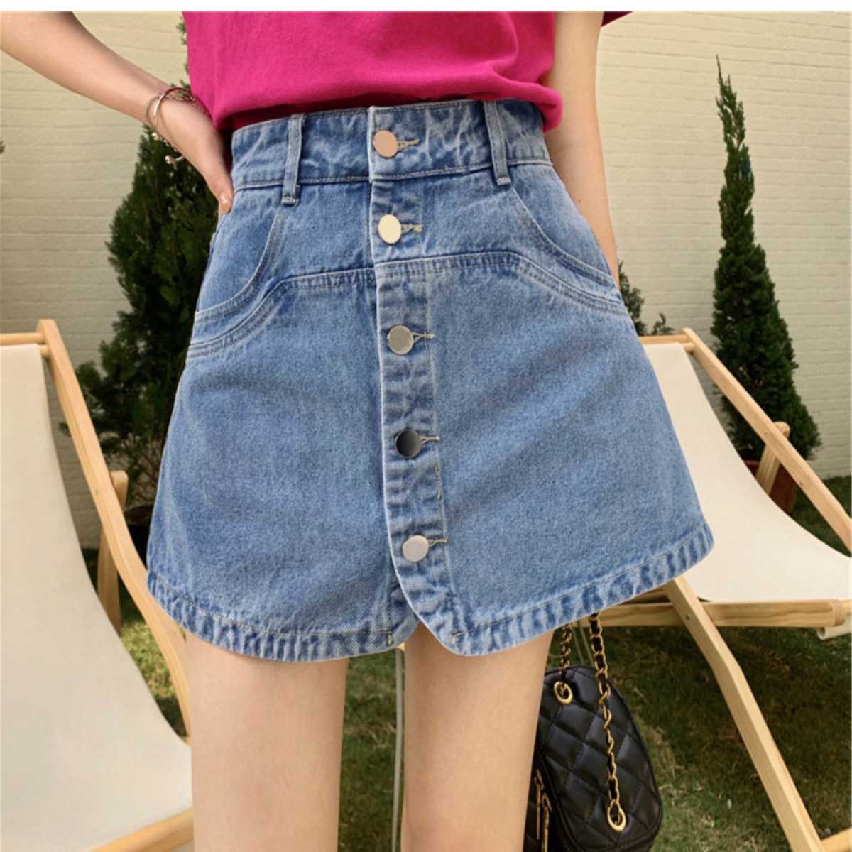 レディースジーンズパンツ フロントボタン台形デニムスカート