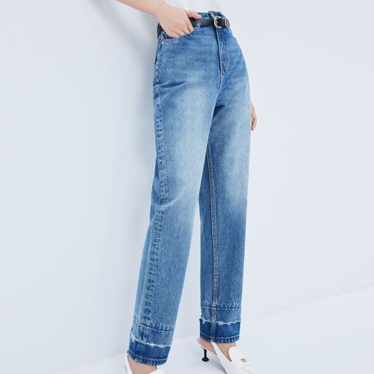 レディース ジーンズ 裾切りっぱなし加工ハイウエストストレートデニムパンツ