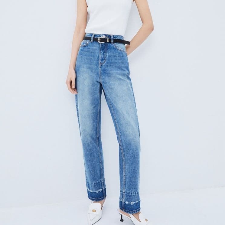 レディース ジーンズ 裾切りっぱなし加工ハイウエストストレートデニムパンツ