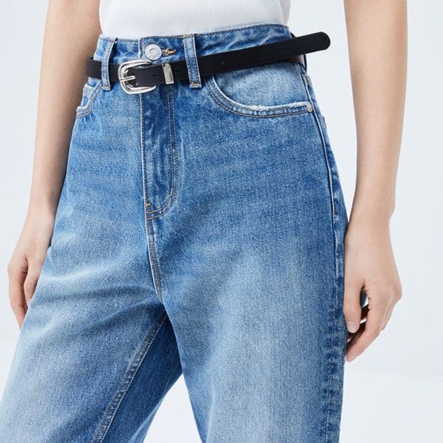 レディース ジーンズ 裾切りっぱなし加工ハイウエストストレートデニムパンツ