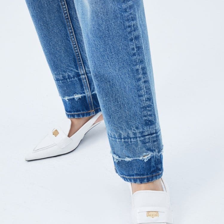 レディース ジーンズ 裾切りっぱなし加工ハイウエストストレートデニムパンツ