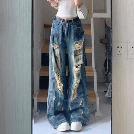 レディース ジーンズ ヴィンテージ風ワイドダメージ加工デニムパンツ