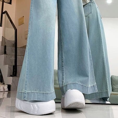 レディース ジーンズ ハイウエストロング丈ゆったりワイドデニムパンツ