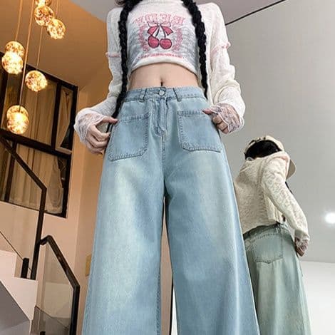 レディース ジーンズ ハイウエストロング丈ゆったりワイドデニムパンツ