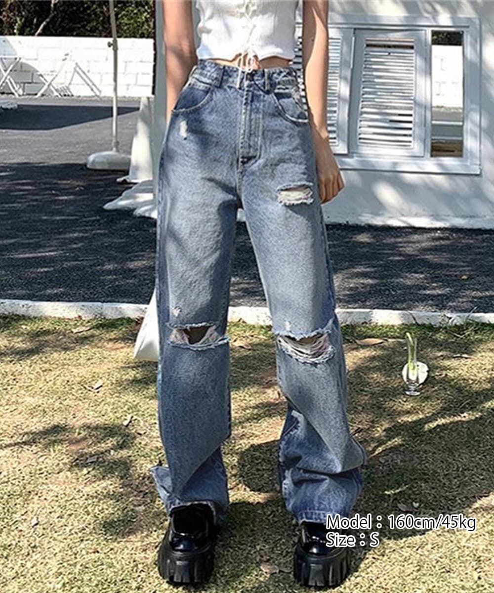レディース ジーンズ ハイウエストダメージデニム 美脚ストレート