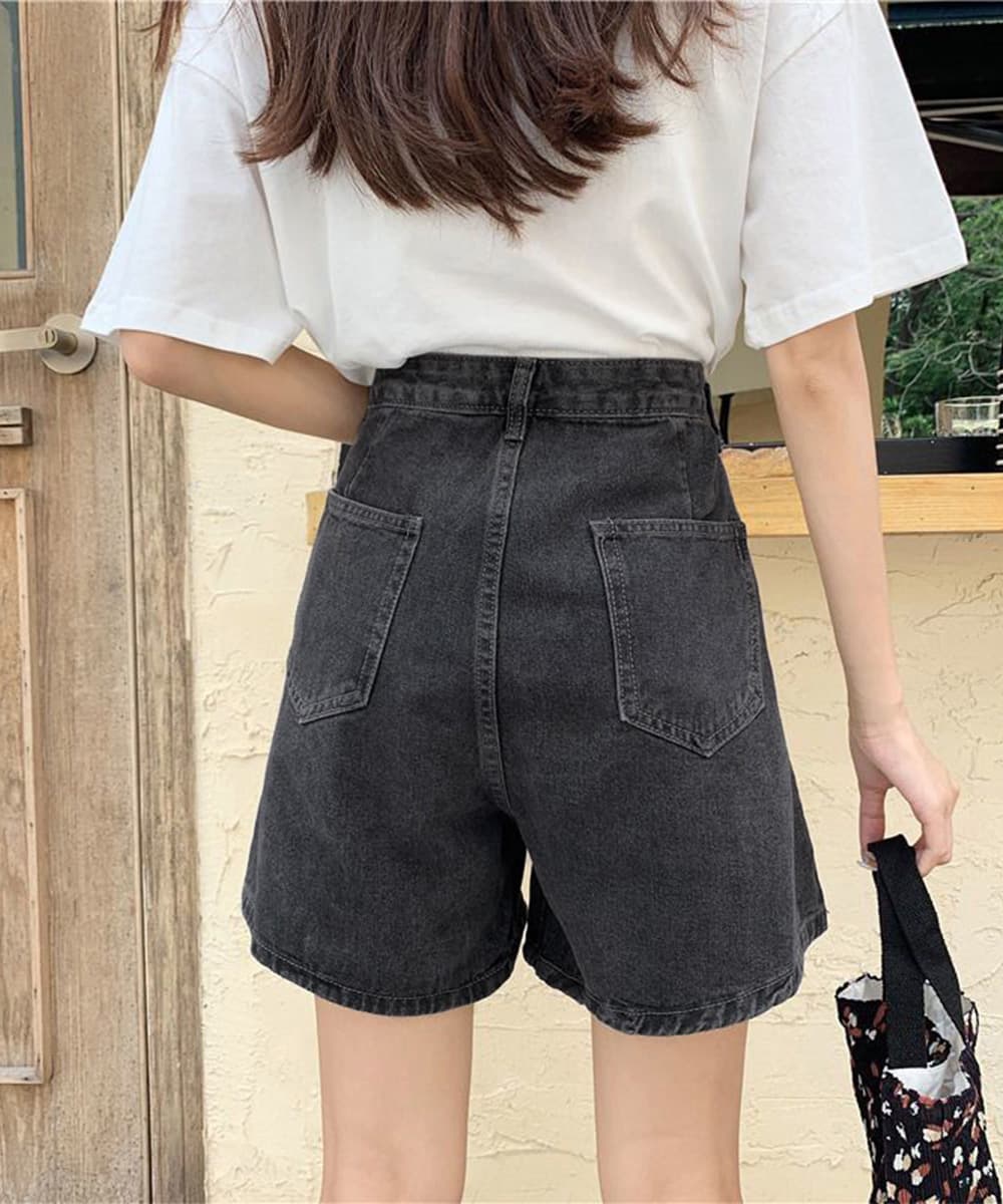 レディース ジーンズ ハイウエスト美脚デニムショートパンツ サイズ調節可能