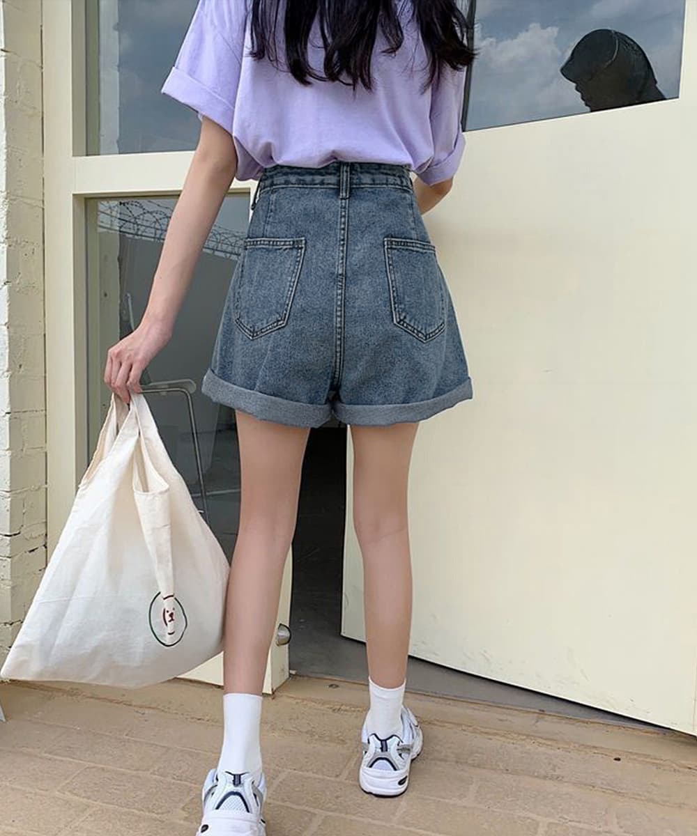 レディース ジーンズ ハイウエスト美脚デニムショートパンツ サイズ調節可能