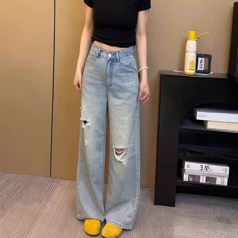 レディース ジーンズ ダメージデニム ストレート