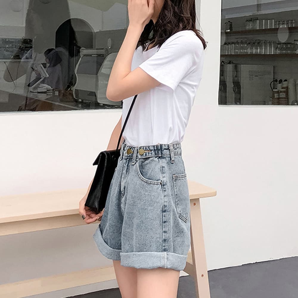 レディース ジーンズ ハイウエストデニムショートパンツ 美脚効果 ロールアップ
