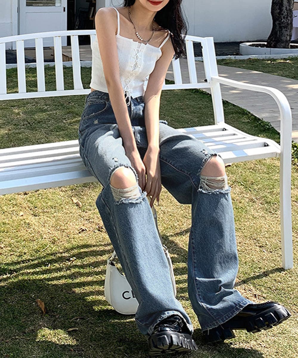 レディース ジーンズ ハイウエストダメージデニム 美脚ストレート