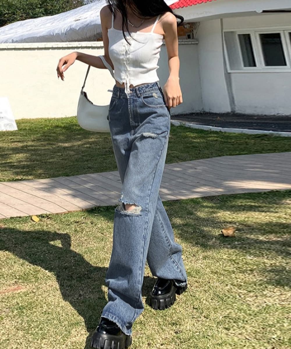 レディース ジーンズ ハイウエストダメージデニム 美脚ストレート