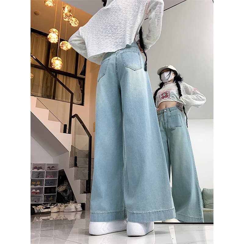 レディース ジーンズ ハイウエストロング丈ゆったりワイドデニムパンツ