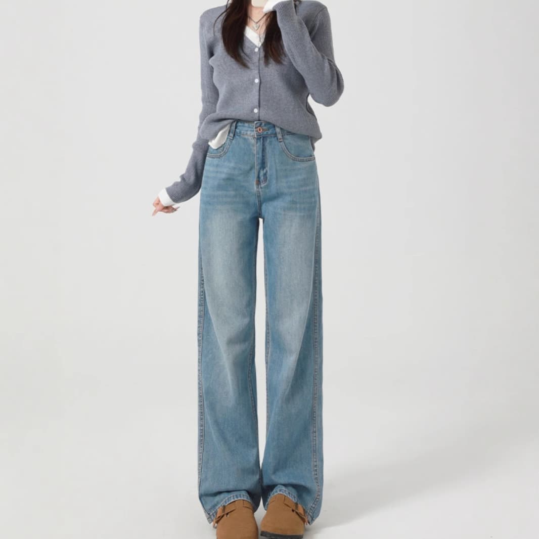 レディースジーンズパンツ クラシカルゆったりストレートデニムパンツ