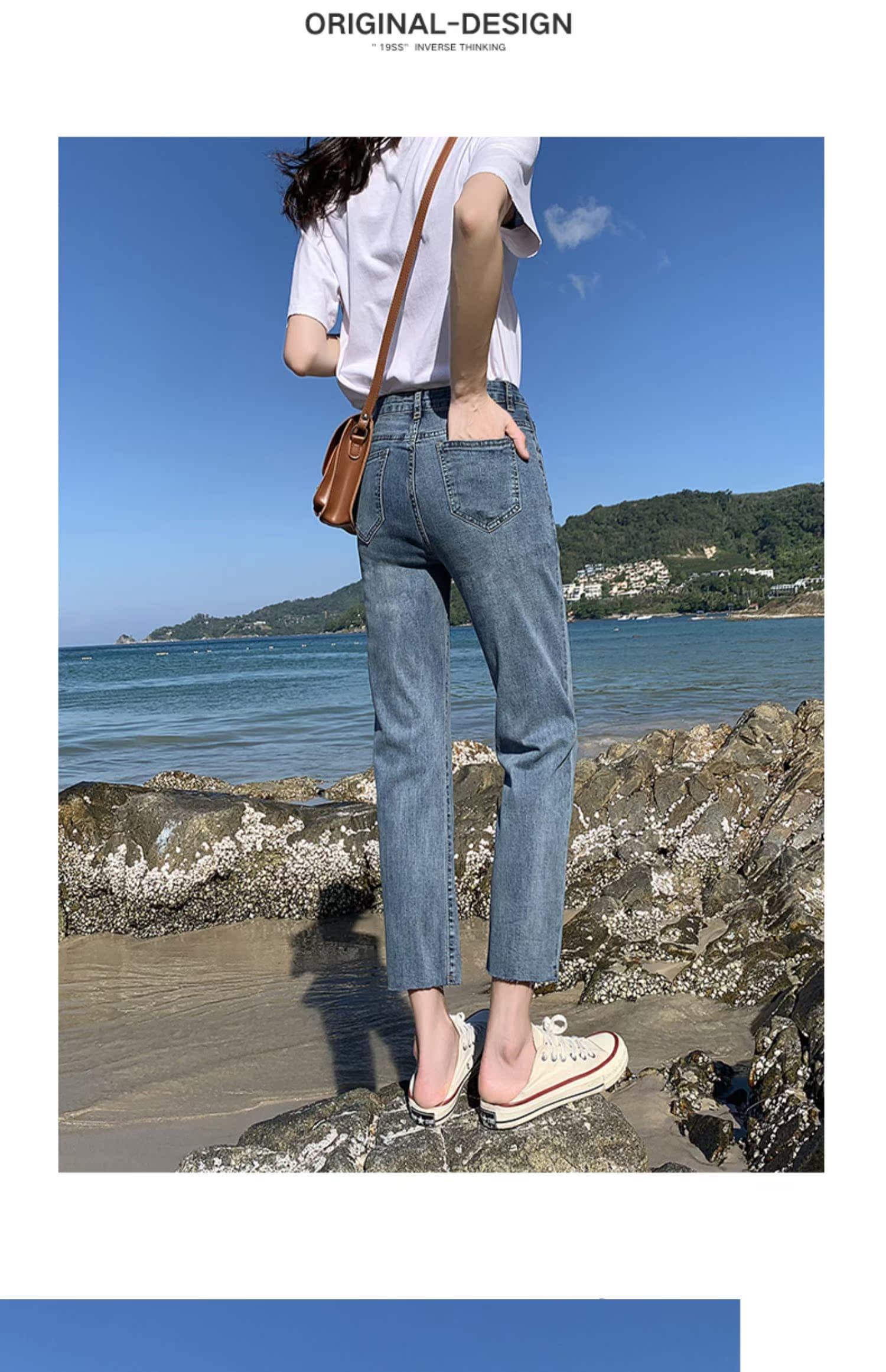 レディース ジーンズ 九分丈スリムストレートデニムパンツ