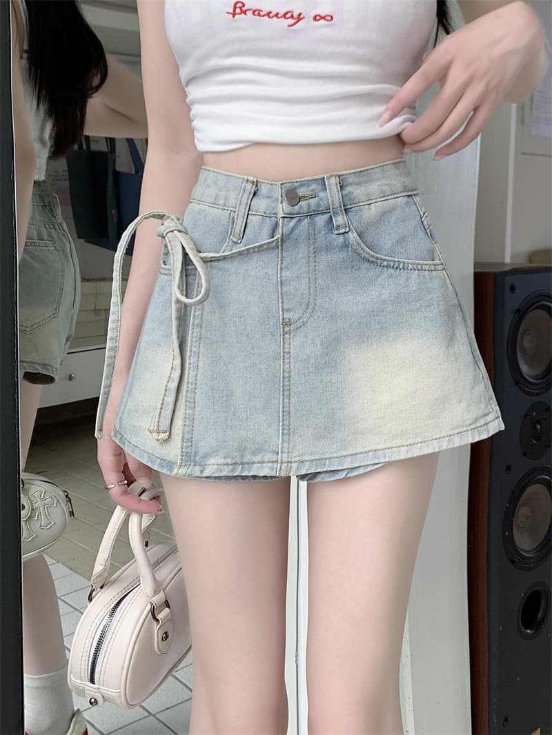 レディースジーンズパンツ リボンモチーフ デニムキュロット