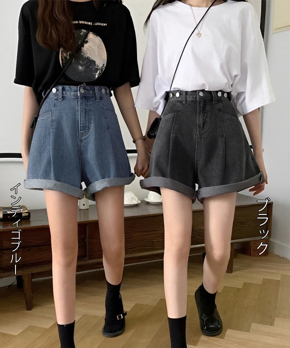レディース ジーンズ ハイウエスト美脚デニムショートパンツ サイズ調節可能