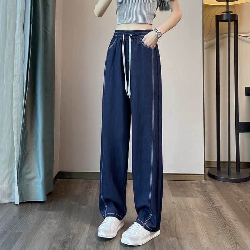 レディースジーンズパンツ やわらかドローストリングワイドデニム