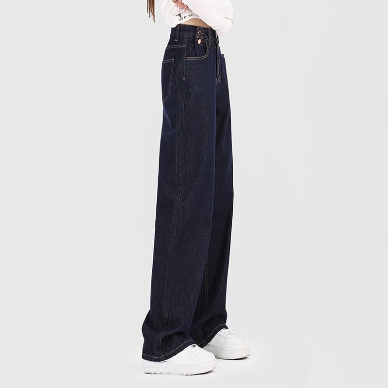 レディースジーンズパンツ ボタン飾り付きハイウエストストレートデニム