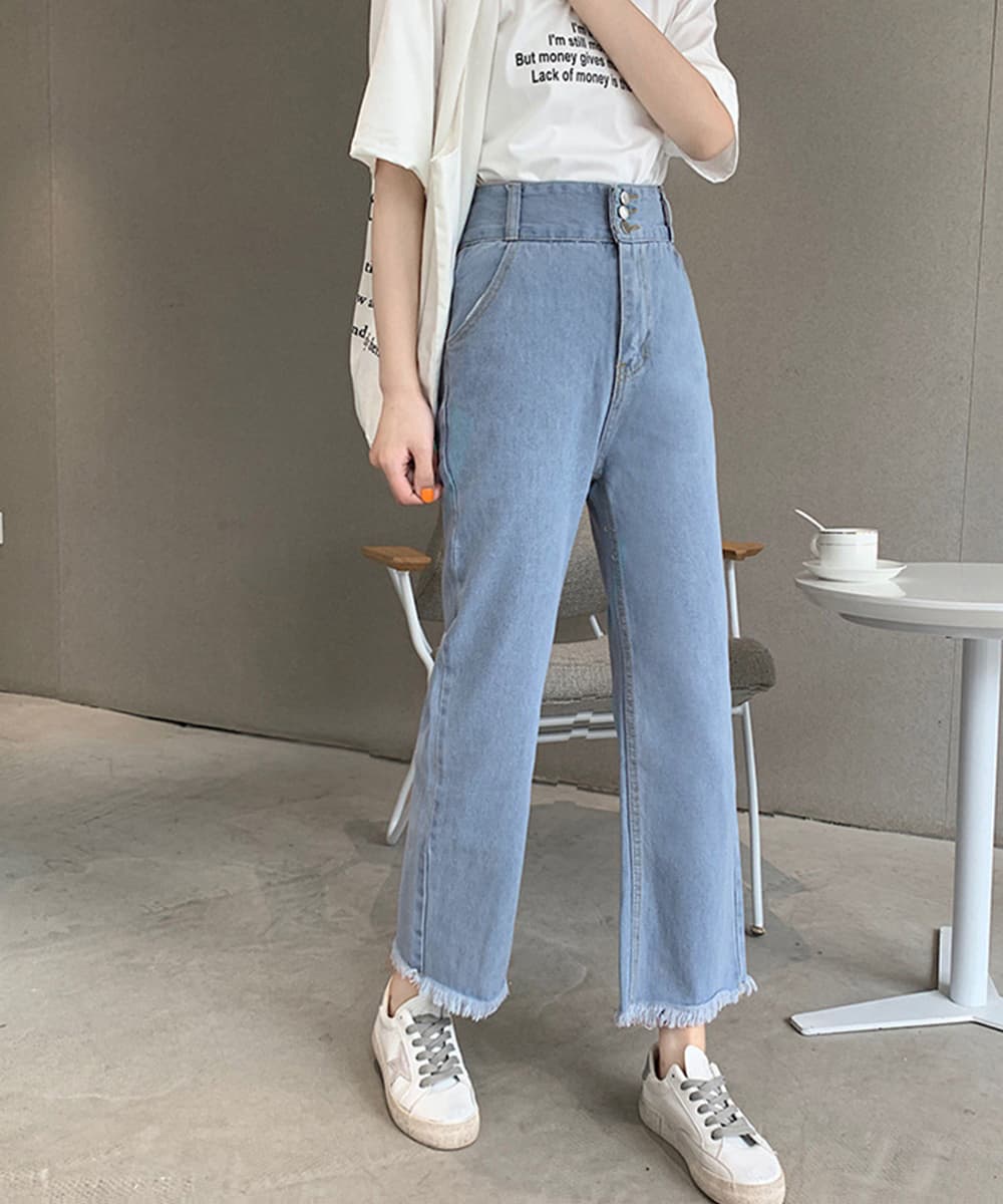 レディース ジーンズ ハイウエスト裾フリンジストレートデニム