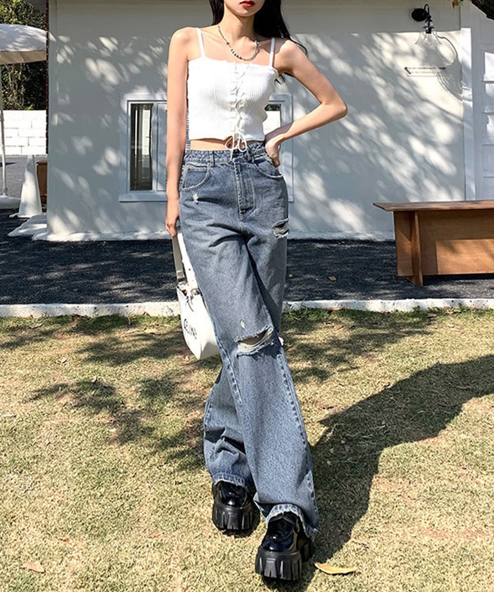 レディース ジーンズ ハイウエストダメージデニム 美脚ストレート