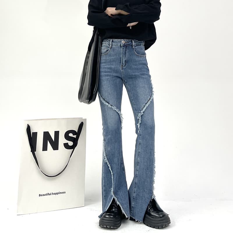 レディースジーンズパンツ クラッシュ加工フレアデニムパンツ
